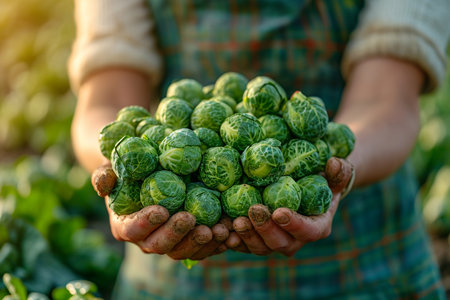 Farmer hands holding fresh brussels sprouts in the fieldの素材