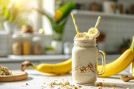 Healthy banana smoothie with oat flakes in a glass jar.の素材