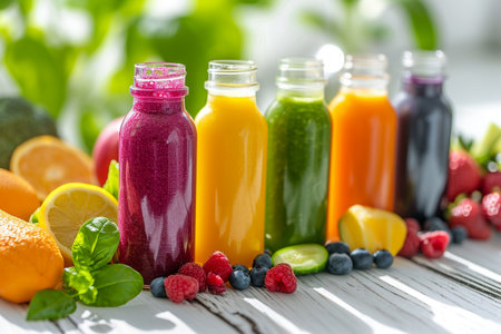 Bottles of colorful smoothies with fresh fruits and berries on wooden tableの素材