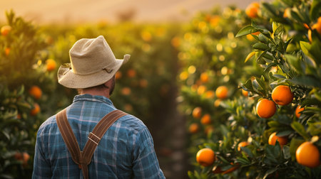 Farmer standing in orange orchard, looking at the rows of orangesの素材