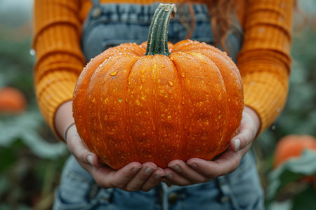 Female farmer holding big orange pumpkin in her hands. Close-up.の素材