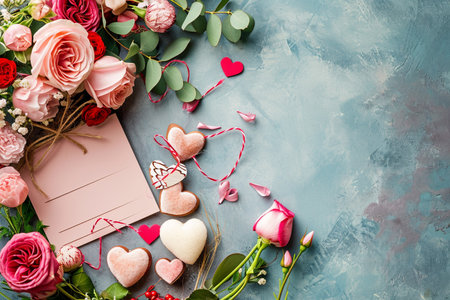Valentine's day greeting card with pink roses and hearts on concrete backgroundの素材