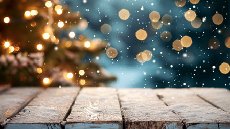 Wooden table against blurred christmas tree and lights on snowy backgroundの素材