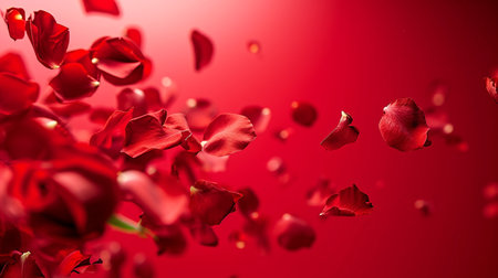 Red rose petals fly in the air on a red background.の素材