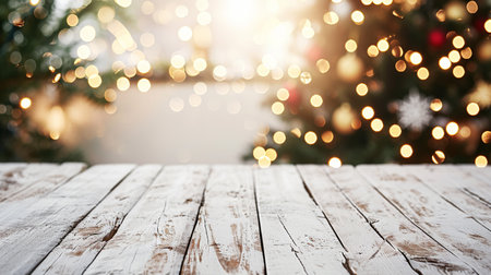Wooden table with bokeh lights on background. christmas backgroundの素材