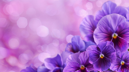 Purple pansy flowers on pink bokeh background with copy spaceの素材