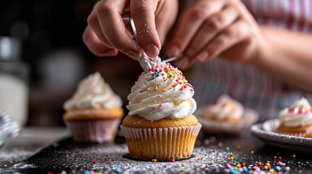 Woman decorating cupcakes with colorful sprinkles, close-upの素材
