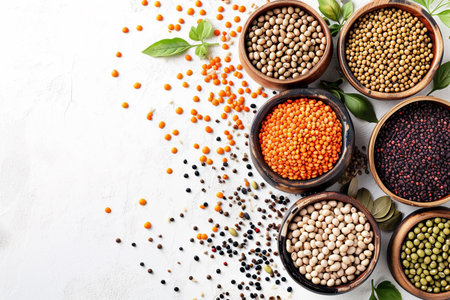 Different types of legumes in bowls on white background. top viewの素材