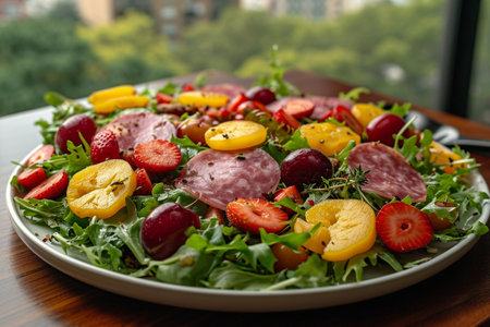 Salad with strawberries, cherry and salami on a wooden tableの素材