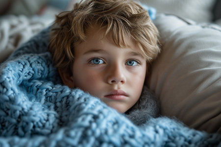 Close-up portrait of a cute little boy lying under a blanketの素材