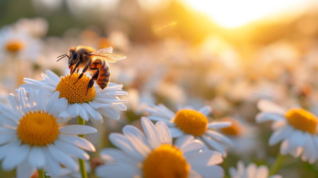 Bee on camomile flowers in sunny meadow at sunset.の素材