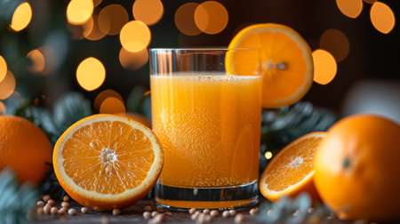 Glass of fresh orange juice and oranges on table against blurred lights backgroundの素材