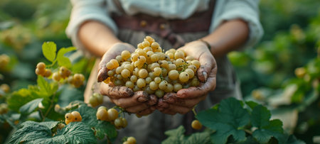 Closeup of woman hands holding bunch of ripe yellow grapes in vineyardの素材