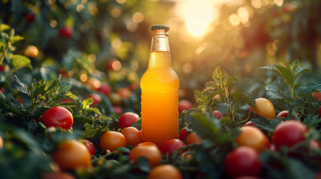 Bottle of beer and ripe tomatoes on the field in sunset lightの素材