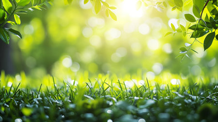 Close up of fresh green grass on blurred greenery background with sunlightの素材