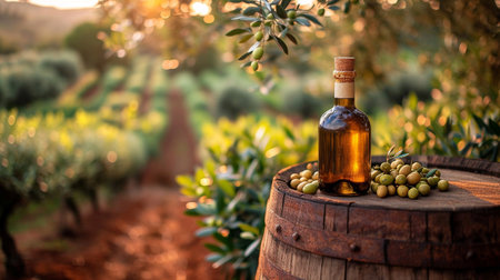 Bottle of olive oil and olives on wooden barrel in olive groveの素材