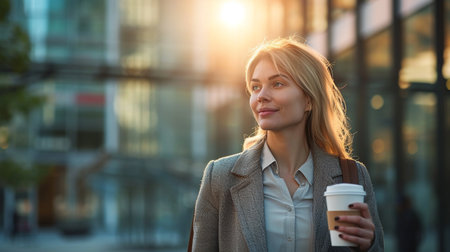 Young businesswoman with cup of coffee walking in the city at sunsetの素材