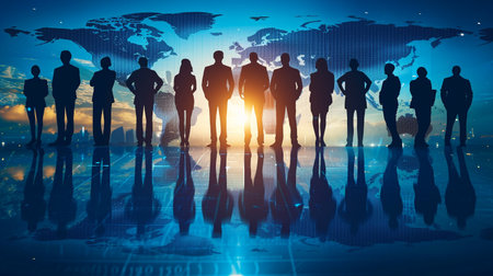 Silhouettes of business people standing in front of map of the worldの素材