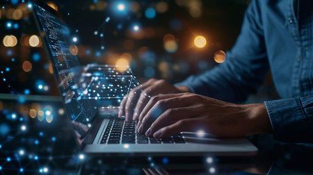 Businessman working on laptop with abstract glowing background. Technology and communication concept. Double exposureの素材