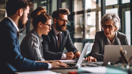 Group of business people working and communicating together in modern office. Teamwork and brainstorming concept.の素材
