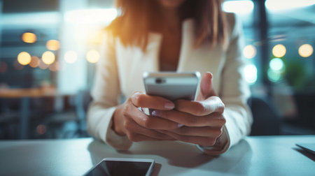 Closeup image of a businesswoman using mobile phone in coffee shopの素材