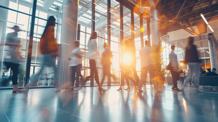 Blurred image of business people walking in the lobby of a modern office buildingの素材