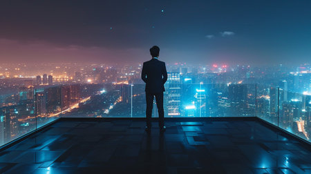 Rear view of businessman looking at night city and skyscrapersの素材