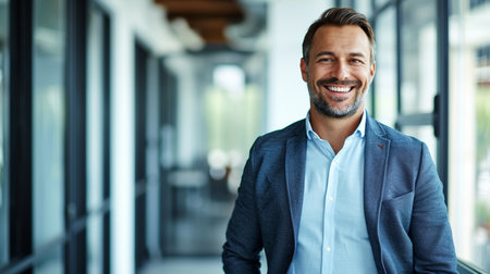 Portrait of a smiling businessman standing in the office and looking at cameraの素材