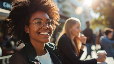 Portrait of young african american woman in eyeglasses with cup of coffee on the street.の素材
