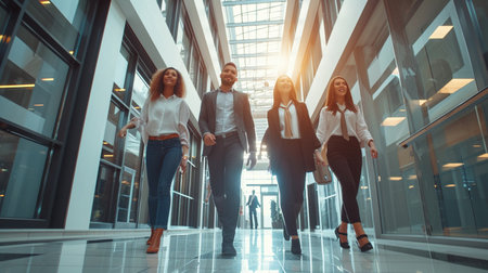 Group of business people walking in modern office building. Business concept.の素材