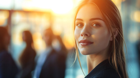 Portrait of a beautiful young business woman in the office at sunsetの素材