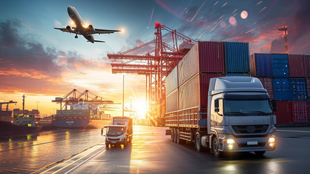 Truck and container cargo freight ship in port at sunset for Logistic Import Export backgroundの素材