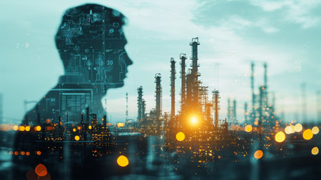 Double exposure of oil refinery plant and silhouette of man. Energy and industrial concept.の素材