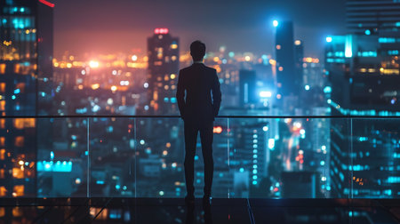 Rear view of businessman standing on balcony and looking at night cityの素材