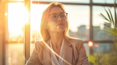 Beautiful businesswoman in eyeglasses standing near window at officeの素材