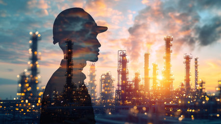 Double exposure of Engineer or Technician on oil refinery plant at sunset backgroundの素材