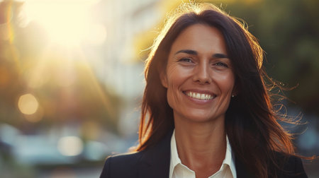 Close up portrait of a smiling businesswoman in the city at sunsetの素材