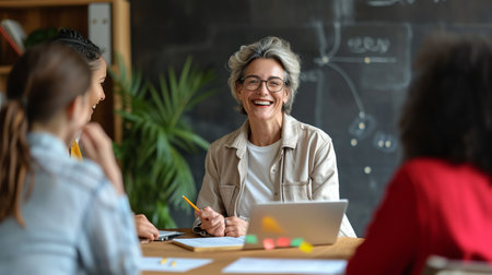 Smiling mature businesswoman in eyeglasses looking at camera during meeting with colleagues in officeの素材