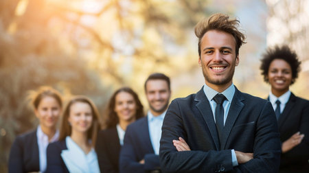 Portrait of a smiling young businessman standing with his colleagues in the backgroundの素材