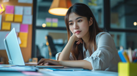 Portrait of young asian businesswoman working on laptop computer at office.の素材