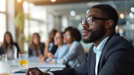 Confident african-american businessman in eyeglasses looking away while sitting at table in office with colleagues on backgroundの素材