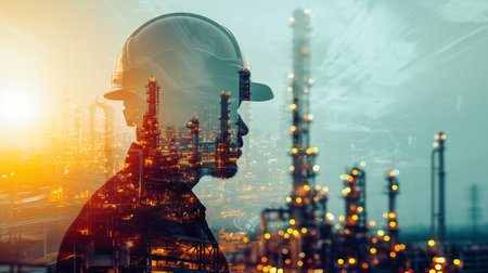 Double exposure of Engineer or Technician man working in oil and gas refinery petrochemical plant with sunrise and sunset.の素材