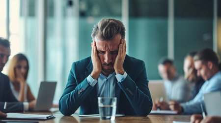 Stressed businessman sitting at the table in office. Business people in the background.の素材