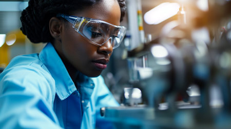 african american biochemist looking at microscope in chemical laboratoryの素材