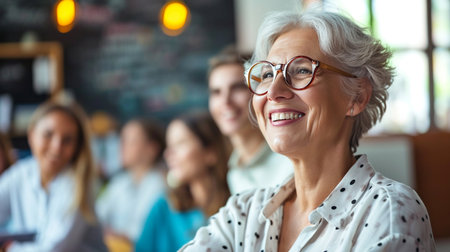 Portrait of smiling senior businesswoman in eyeglasses in officeの素材