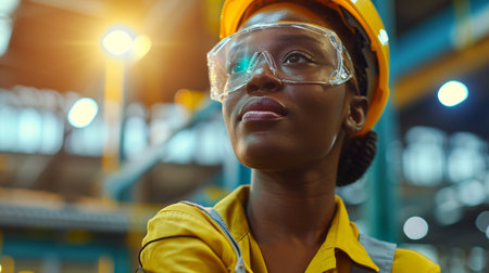 Portrait of African-american female worker in safety goggles and yellow uniform at industrial plantの素材