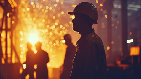 Silhouette of engineer with safety helmet on construction site at nightの素材