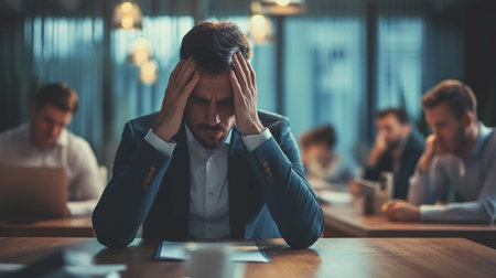 Stressed businessman sitting at the table in office and looking at laptop.の素材