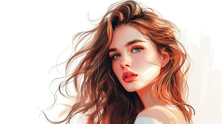 portrait of a beautiful girl with flying hair on a white backgroundの素材