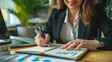 Close-up of businesswoman writing in notebook while sitting at table in officeの素材